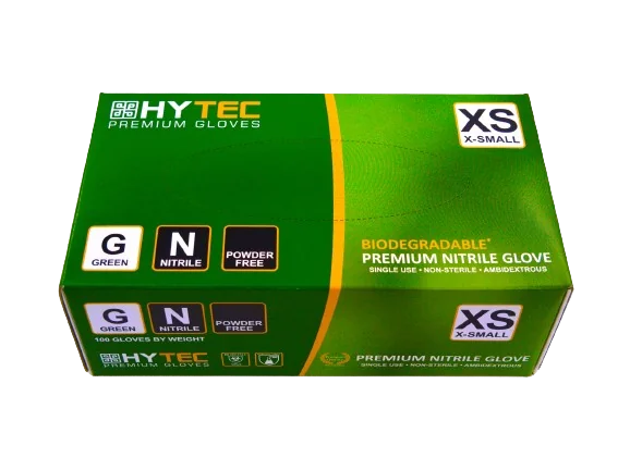 Hytec Green Nitrile Gloves, Powder Free, Biodegradable - XSmall