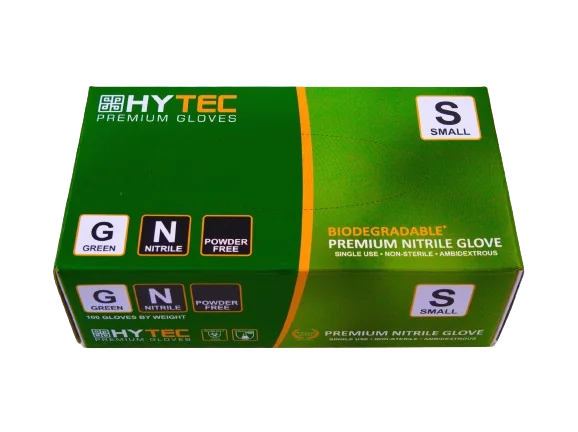 Hytec Green Nitrile Gloves, Powder Free, Biodegradable - Small