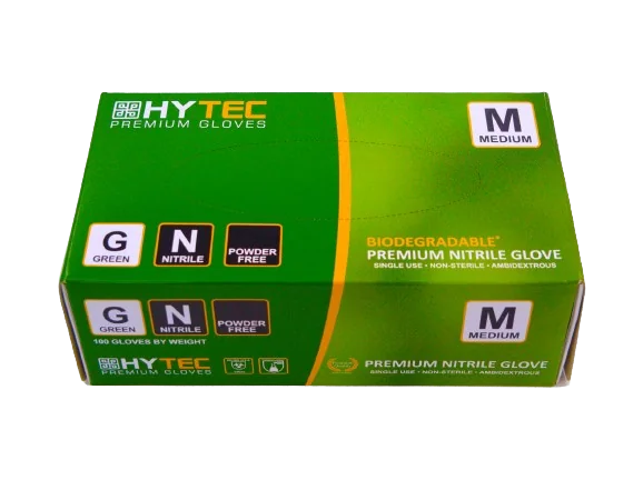 Hytec Green Nitrile Gloves, Powder Free, Biodegradable - Medium