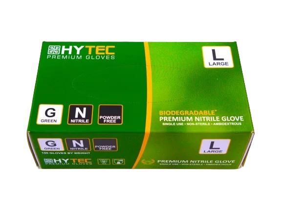 Hytec Green Nitrile Gloves, Powder Free, Biodegradable - Large