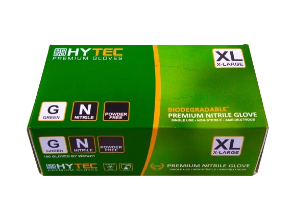 Hytec Green Nitrile Gloves, Powder Free, Biodegradable - Xlarge